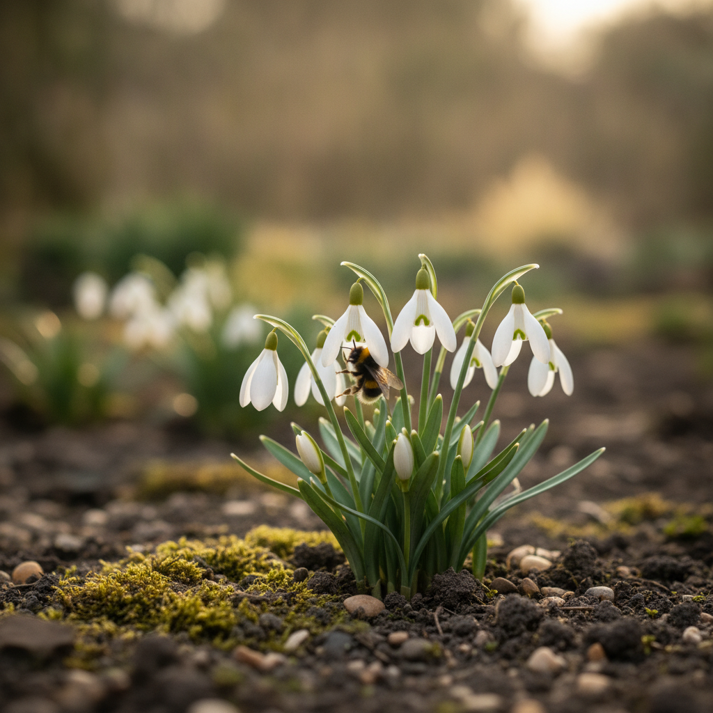 Sneeuwklokje — Galanthus nivalis met hommel (illustratie)