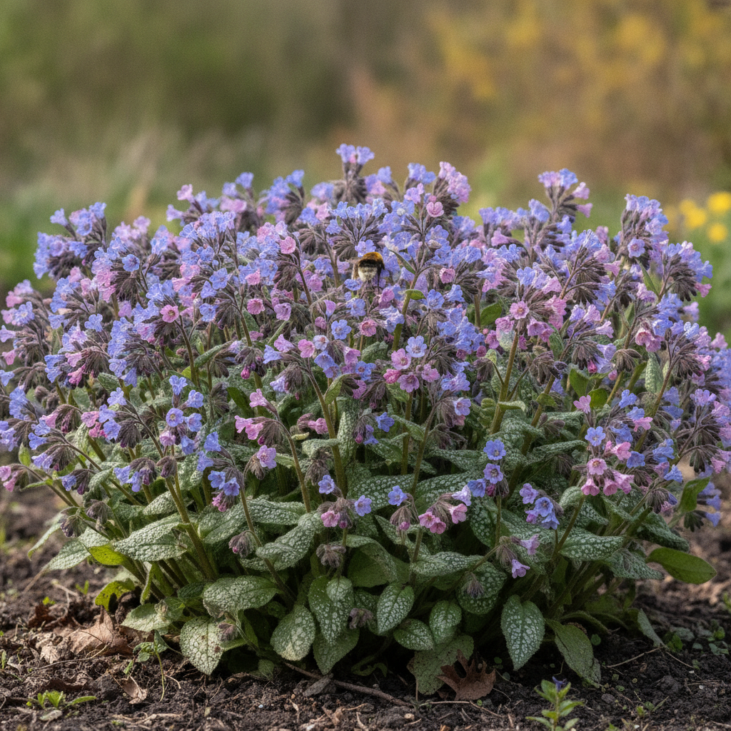 Longkruid — Pulmonaria officinalis / Pulmonaria spp. met hommel (illustratie)