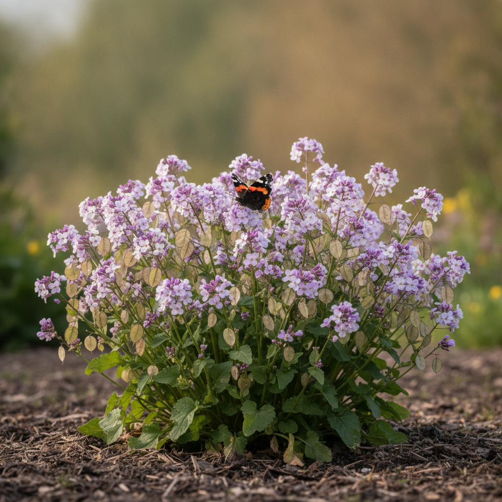 Judaspenning — Lunaria annua met dagvlinder (illustratie)