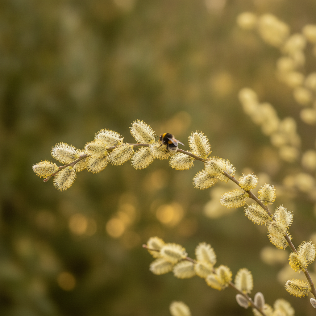 Wilg — Salix spp. met hommel (illustratie)