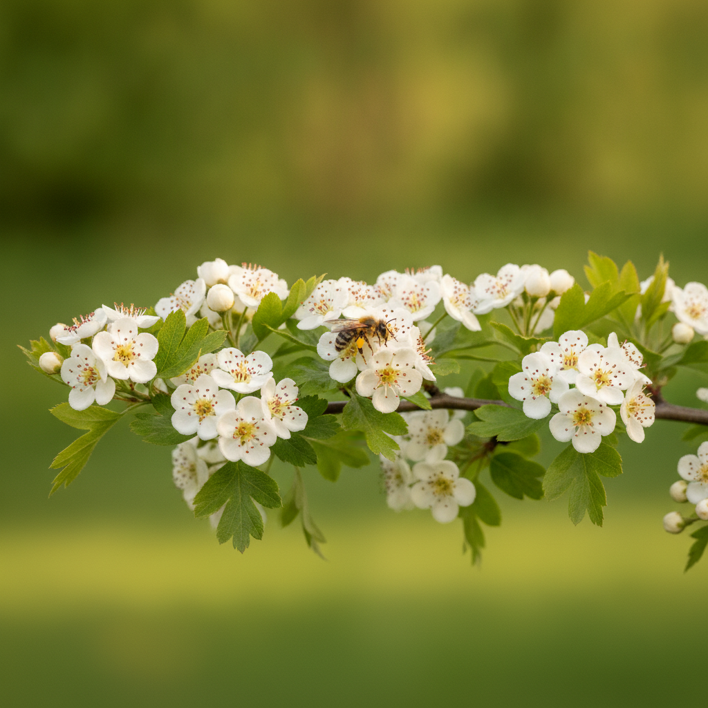 Meidoorn — Crataegus monogyna met solitaire bij (illustratie)
