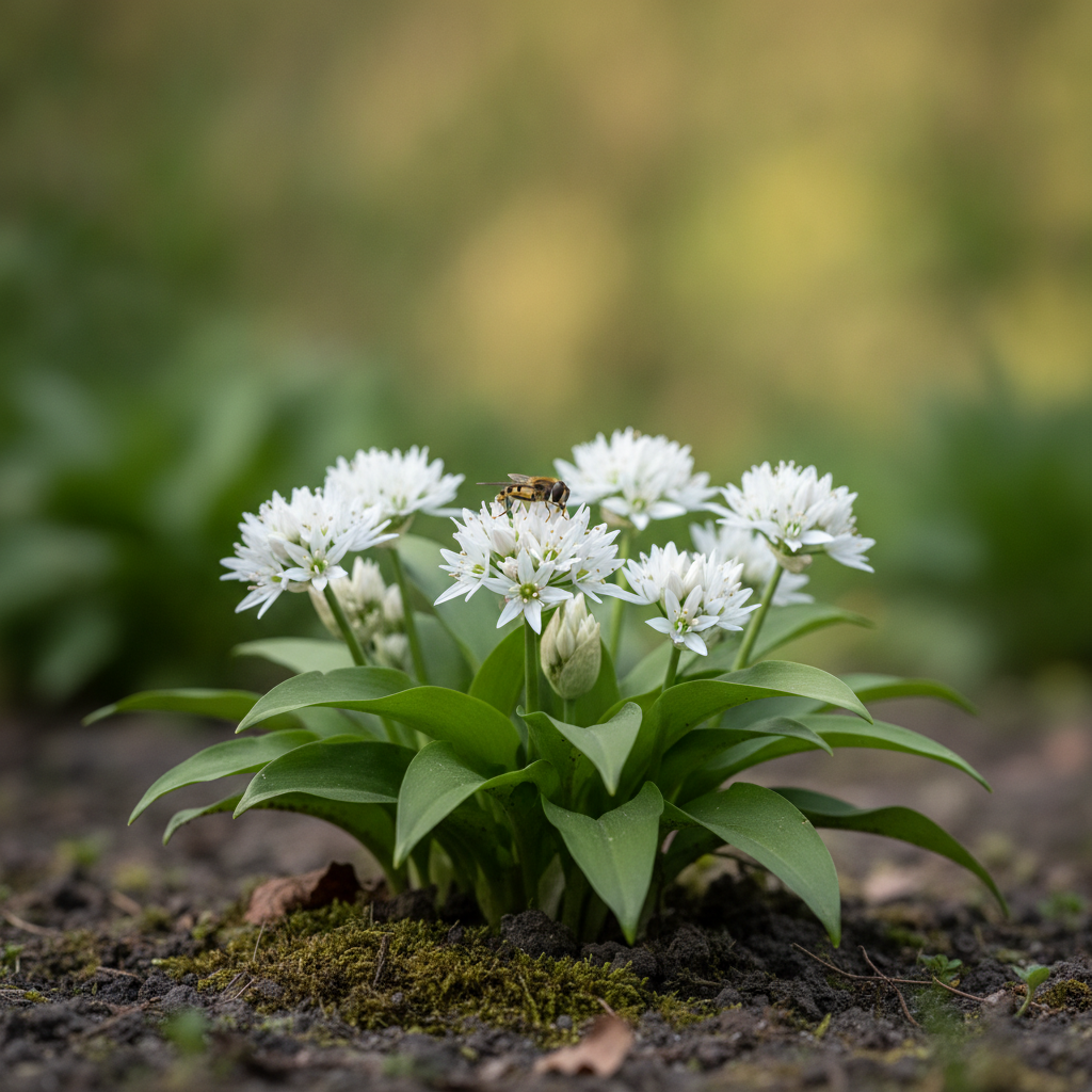 Daslook — Allium ursinum met zweefvlieg (illustratie)