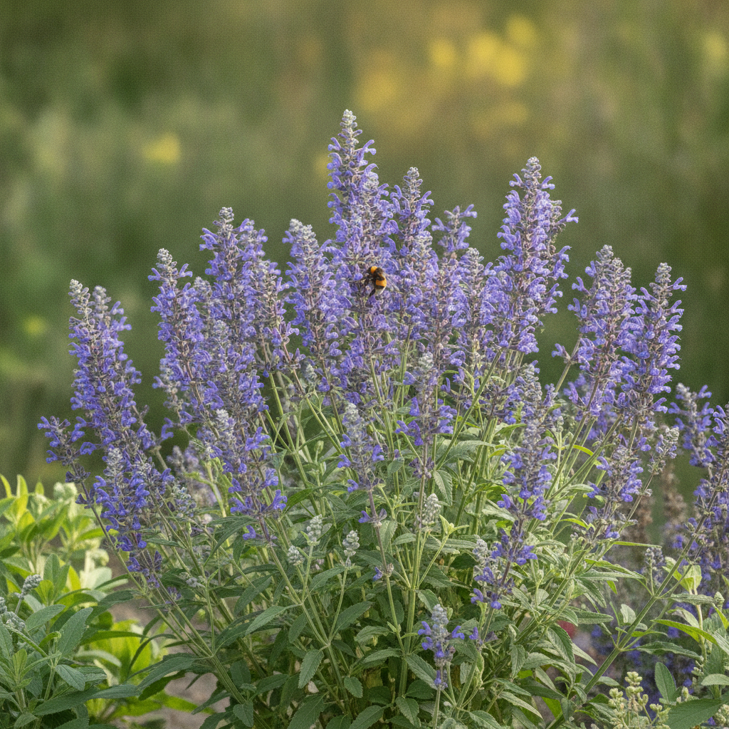 Veldsalie — Salvia pratensis met hommel (illustratie)