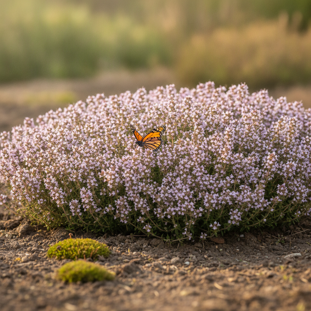 Tijm — Thymus vulgaris / Thymus serpyllum met dagvlinder (illustratie)