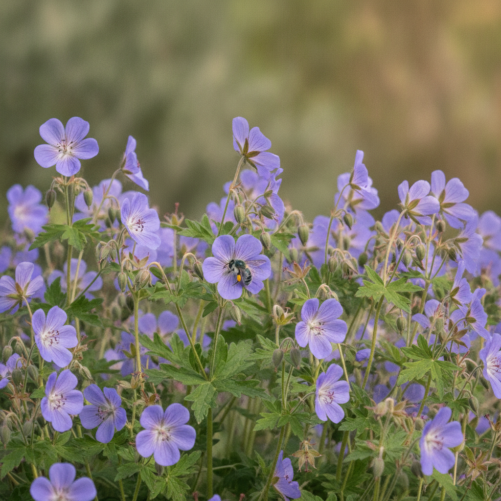 Ooievaarsbek — Geranium spp. met solitaire bij (illustratie)