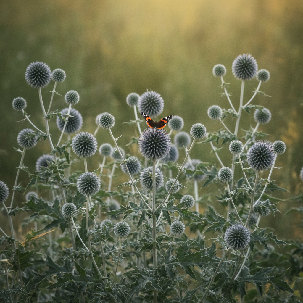 Kogeldistel — Echinops ritro met dagvlinder (illustratie)