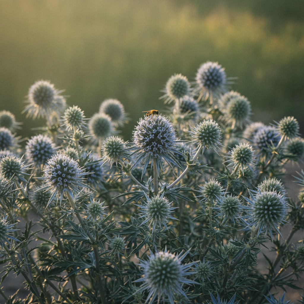 Kruisdistel — Eryngium planum met zweefvlieg (illustratie)