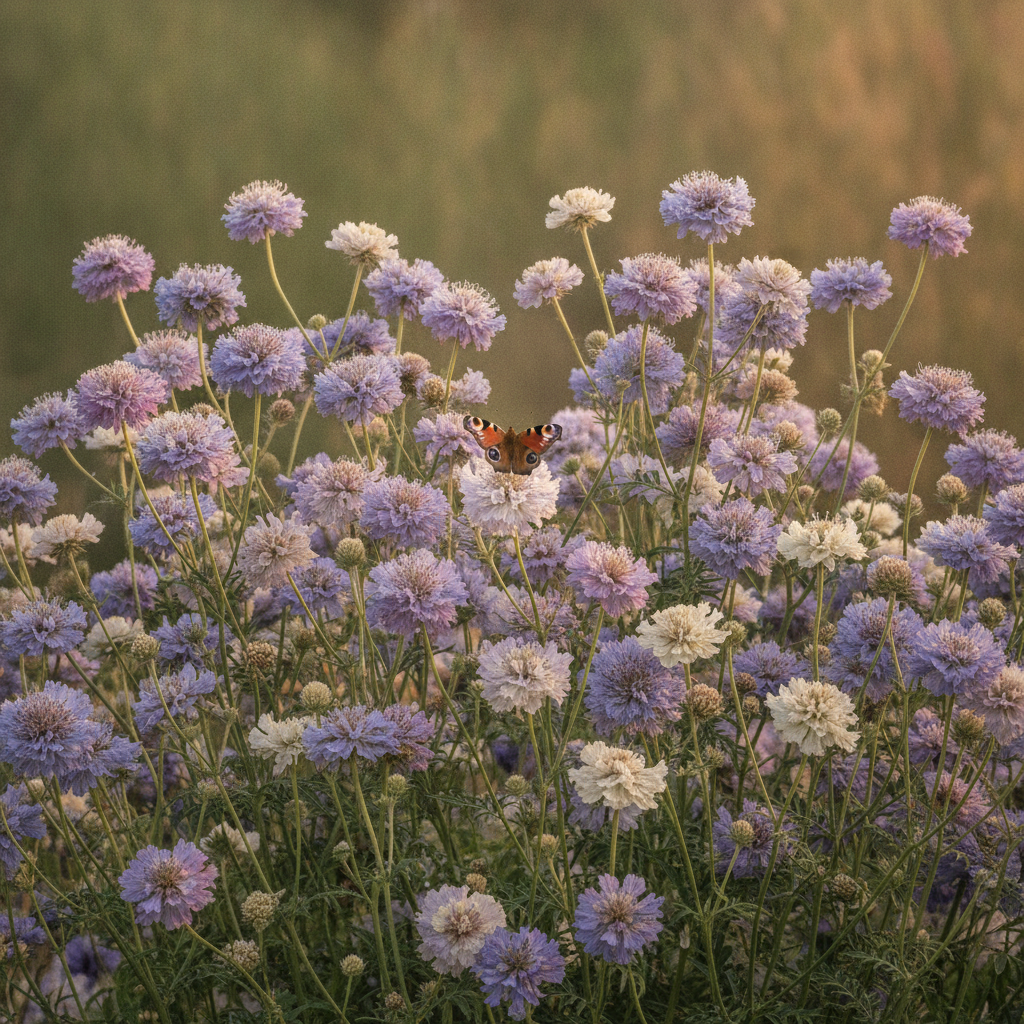 Duifkruid — Scabiosa columbaria / Scabiosa spp. met dagvlinder (illustratie)