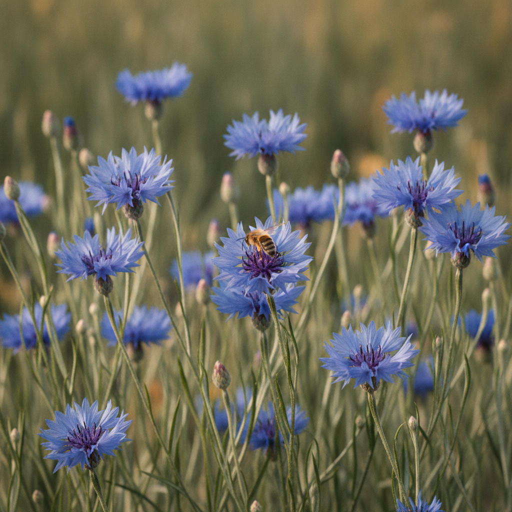 Korenbloem — Centaurea cyanus met solitaire bij (illustratie)