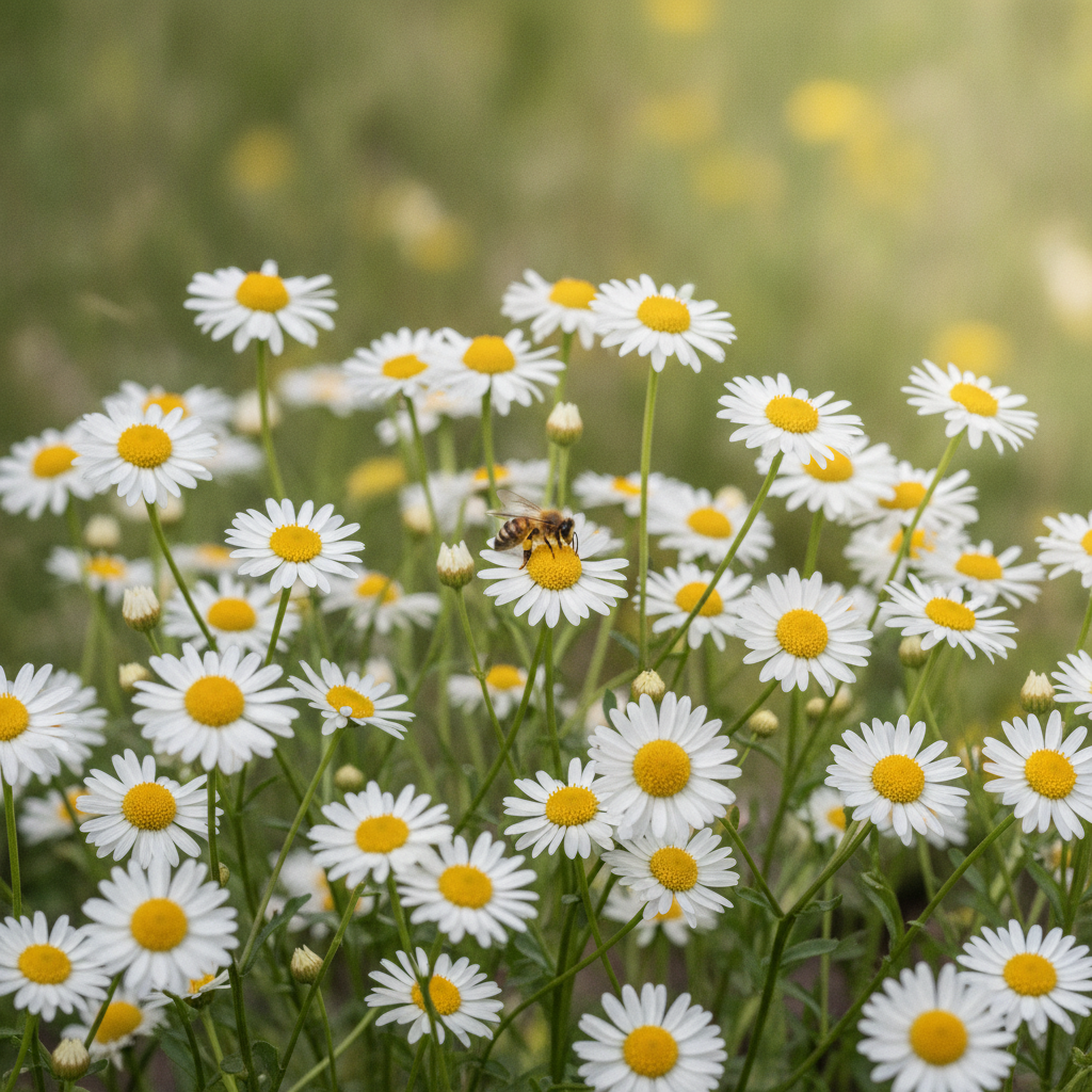 Margriet — Leucanthemum vulgare met solitaire bij (illustratie)