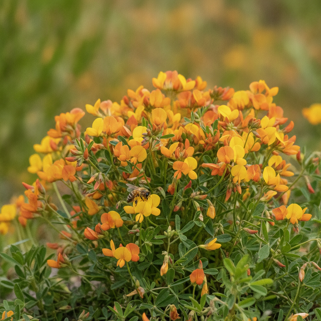Gewone rolklaver — Lotus corniculatus met solitaire bij (illustratie)