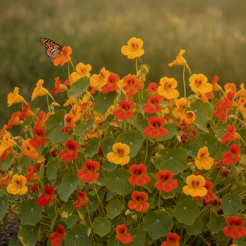 Oost-Indische kers — Tropaeolum majus met dagvlinder (waardplant) (illustratie)