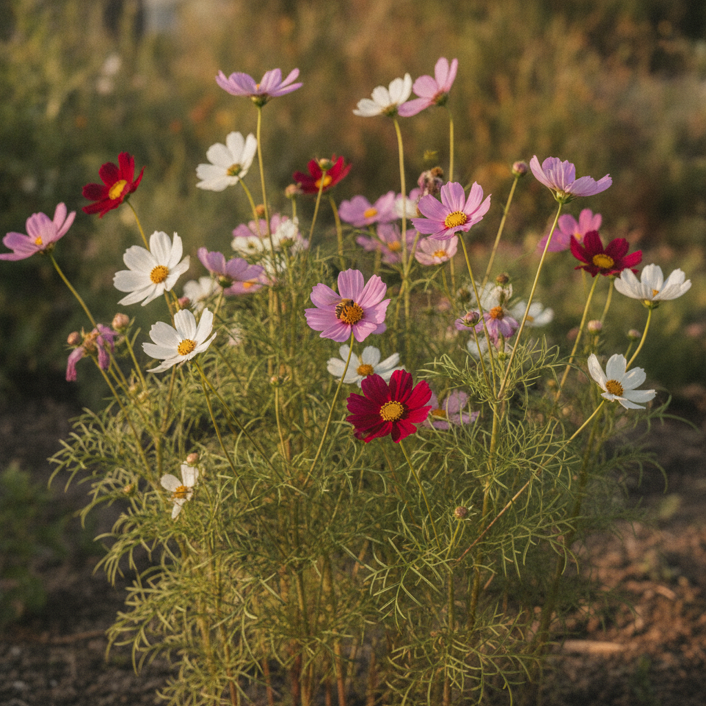 Cosmea — Cosmos bipinnatus met solitaire bij (illustratie)