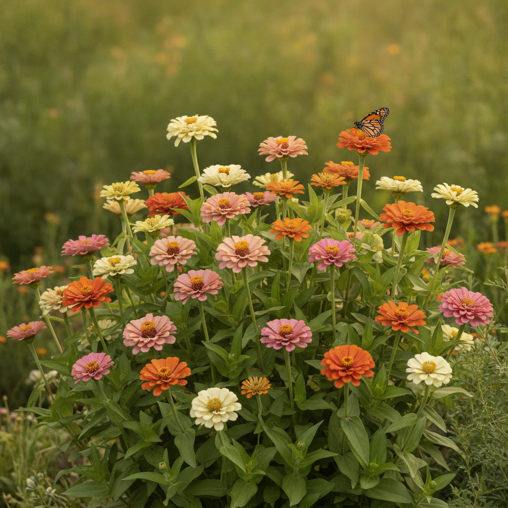 Zinnia — Zinnia elegans met dagvlinder (illustratie)
