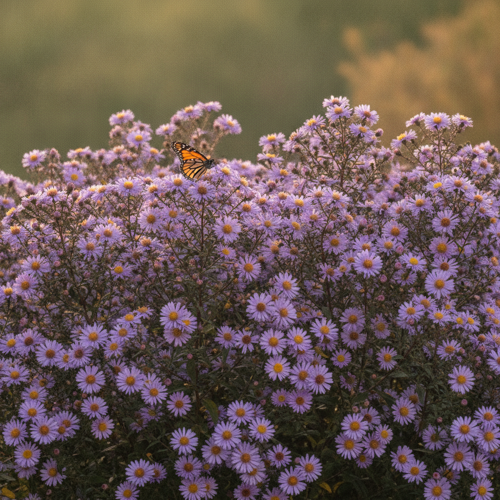 Herfstaster — Symphyotrichum spp. met dagvlinder (illustratie)