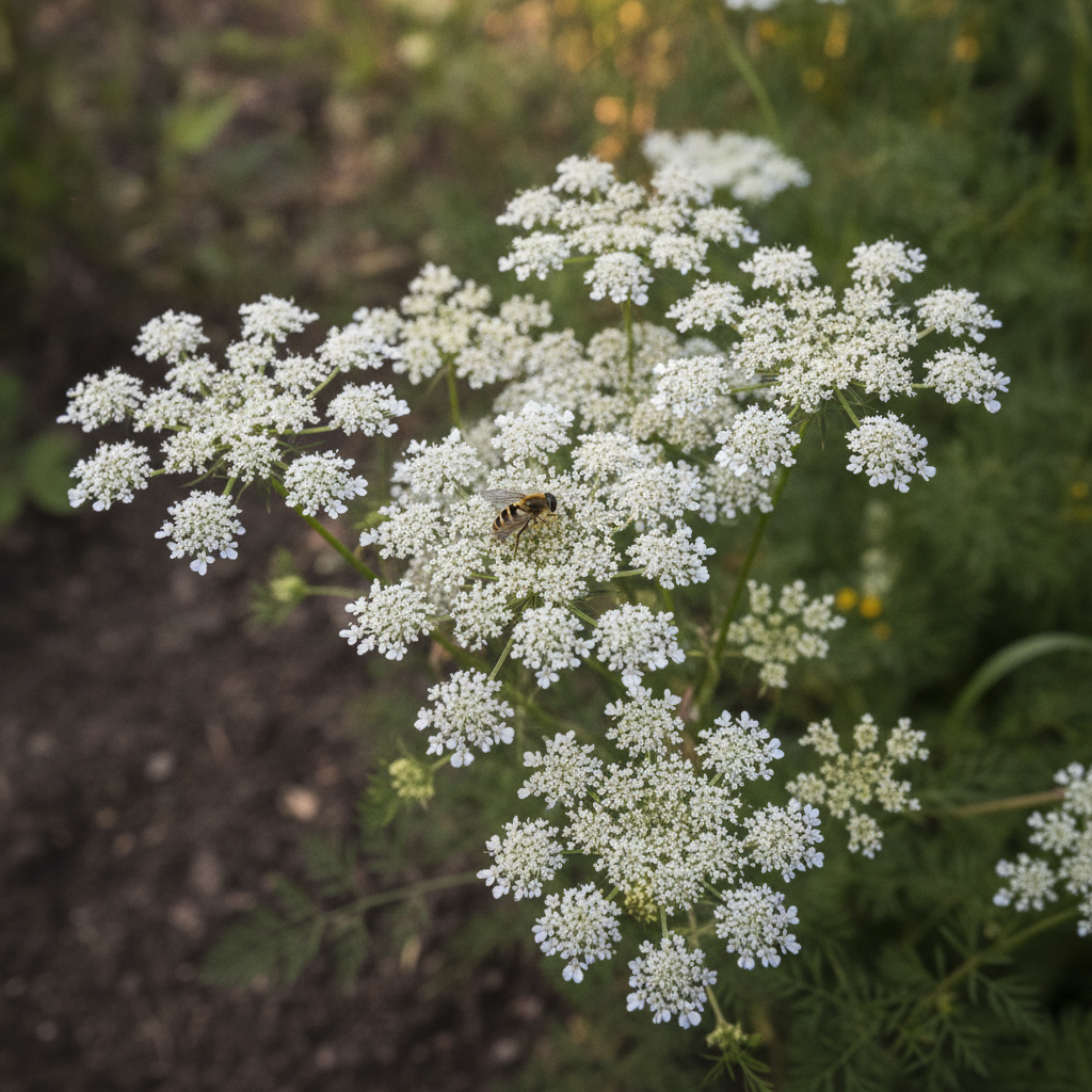 Wilde peen — Daucus carota met zweefvlieg (illustratie)