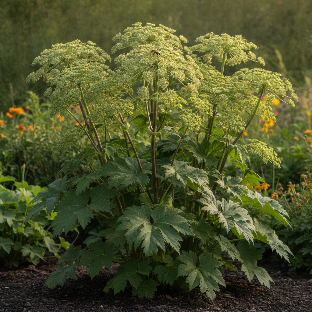 Engelwortel — Angelica archangelica met zweefvlieg (illustratie)