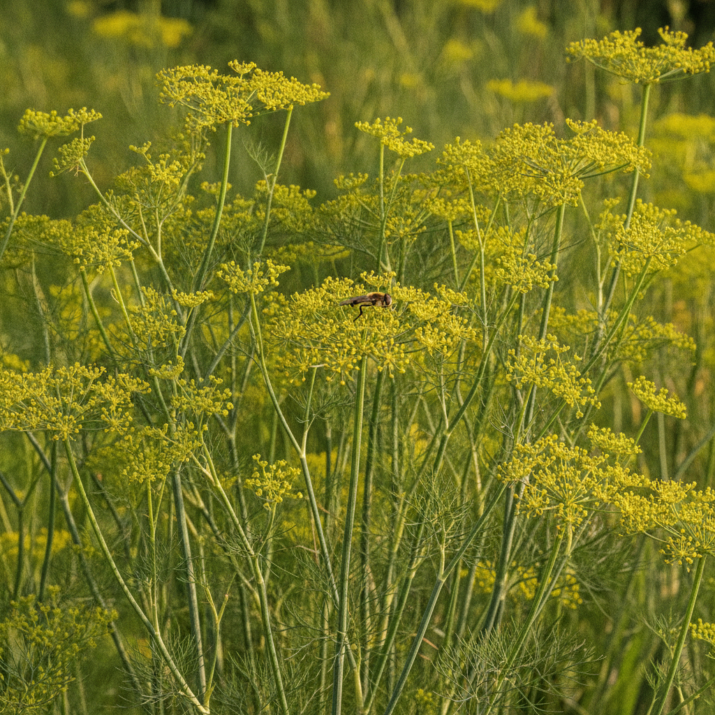 Venkel — Foeniculum vulgare met zweefvlieg (illustratie)