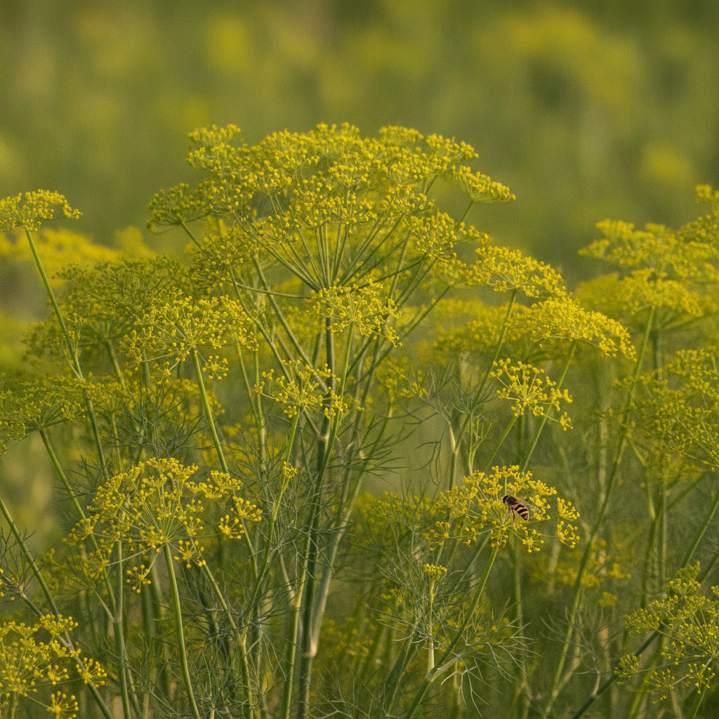 Dille — Anethum graveolens met zweefvlieg (illustratie)
