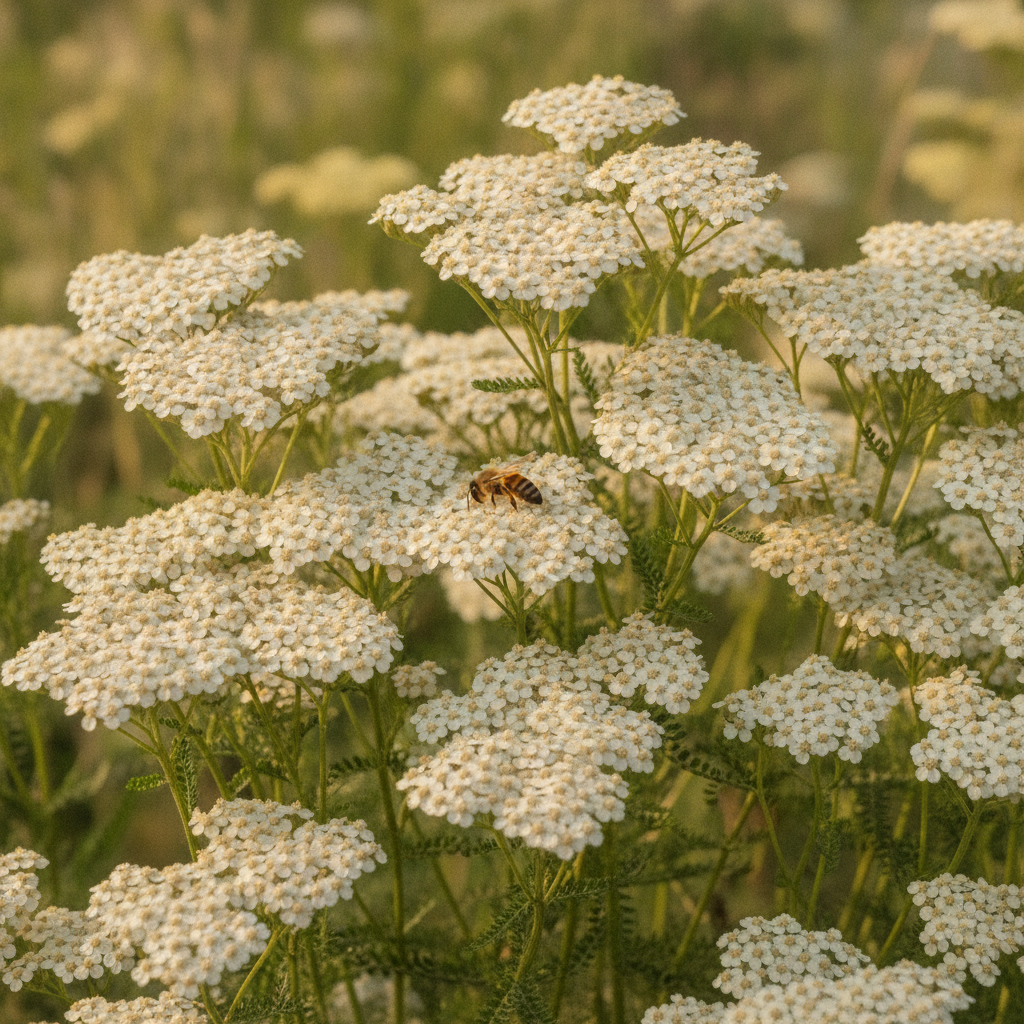 Duizendblad — Achillea millefolium met solitaire bij (illustratie)