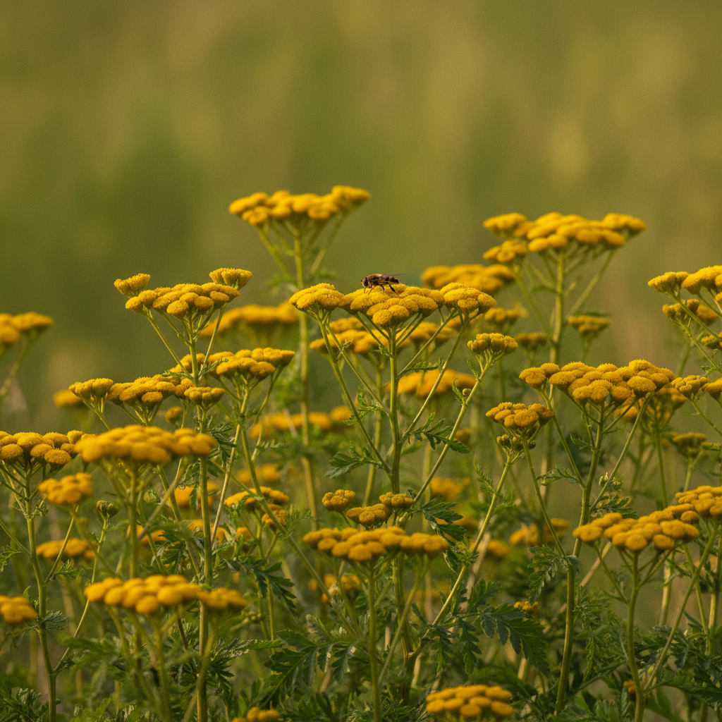 Boerenwormkruid — Tanacetum vulgare met zweefvlieg (illustratie)