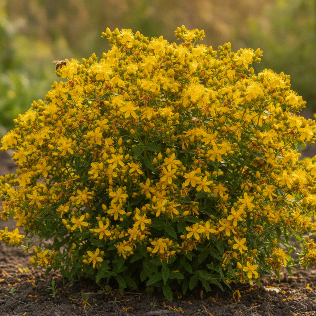 Sint-janskruid — Hypericum perforatum met solitaire bij (illustratie)