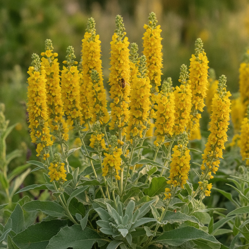Toorts — Verbascum spp. met solitaire bij (illustratie)