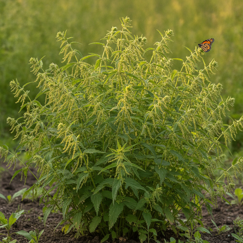 Grote brandnetel — Urtica dioica met dagvlinder (waardplant) (illustratie)