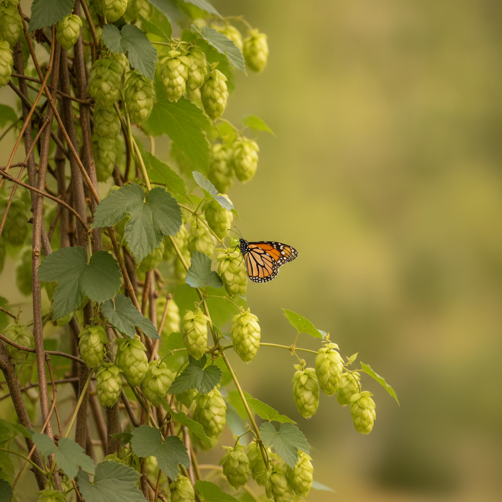 Hop — Humulus lupulus met dagvlinder (waardplant) (illustratie)