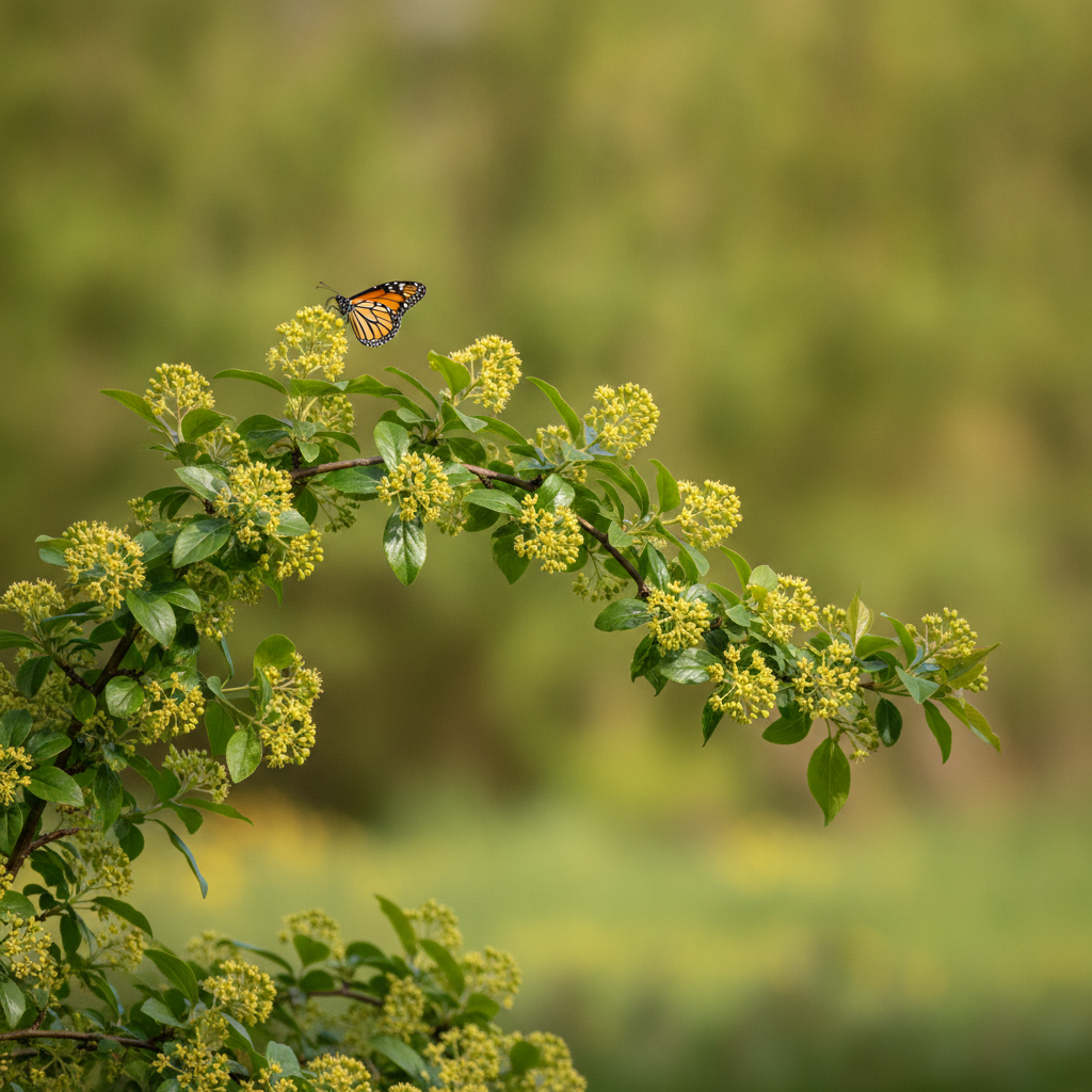 Wegedoorn — Rhamnus cathartica met dagvlinder (waardplant) (illustratie)