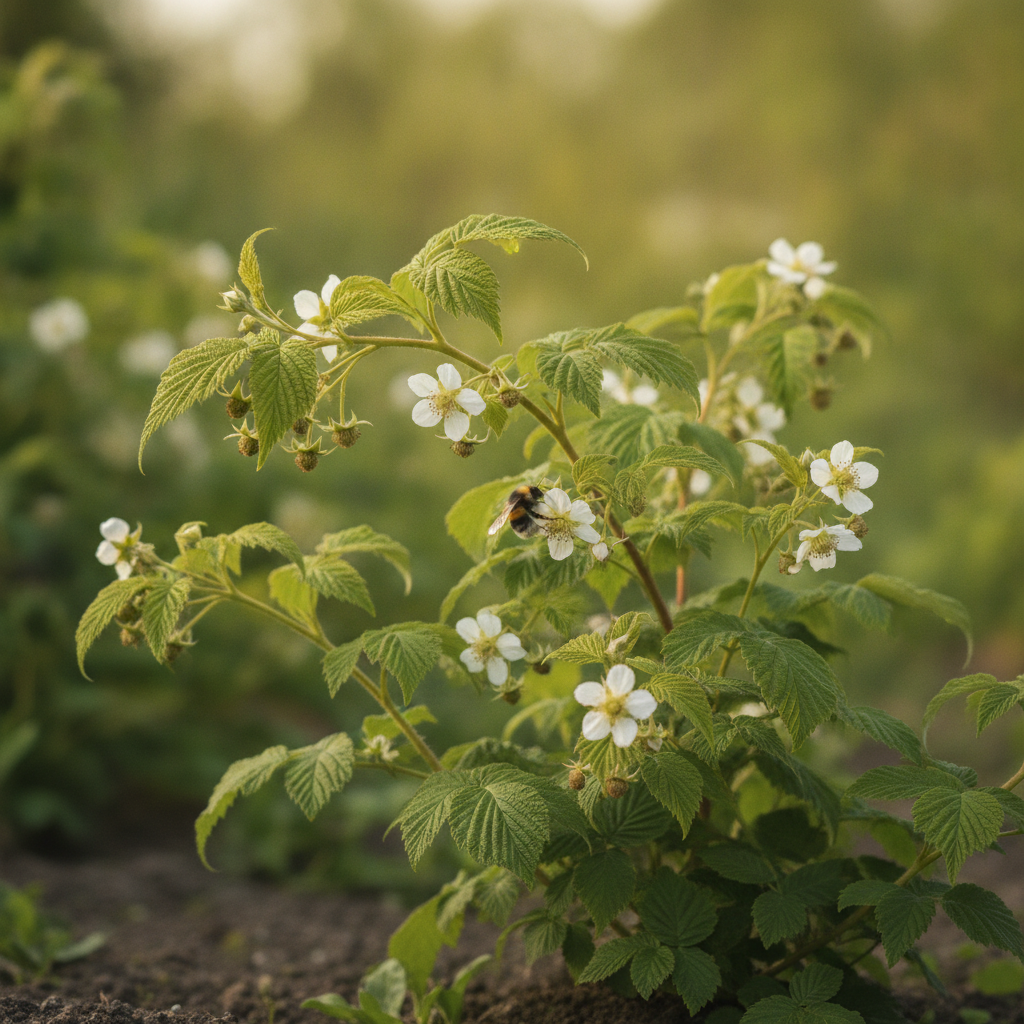Framboos — Rubus idaeus met hommel (illustratie)