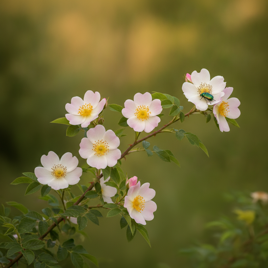 Hondsroos — Rosa canina met kever (illustratie)