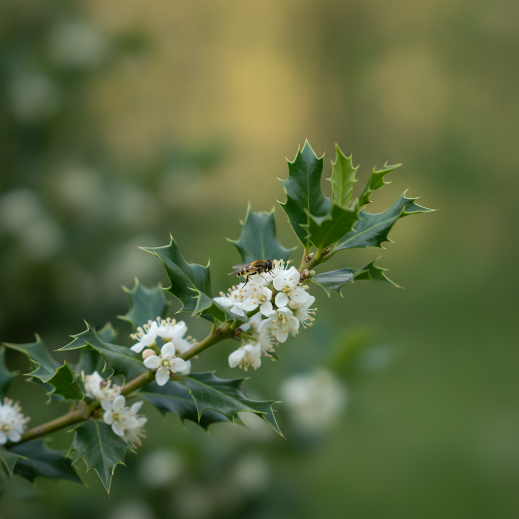 Hulst — Ilex aquifolium met zweefvlieg (illustratie)