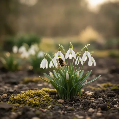 Sneeuwklokje — Galanthus nivalis met hommel (illustratie)