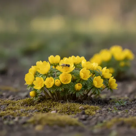 Winterakoniet — Eranthis hyemalis met zweefvlieg (illustratie)