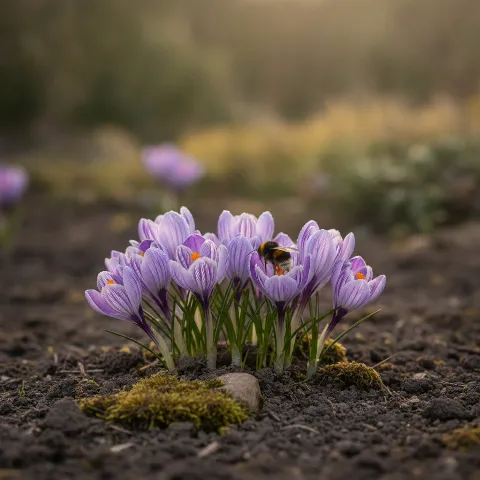 Krokus — Crocus spp. met hommel (illustratie)