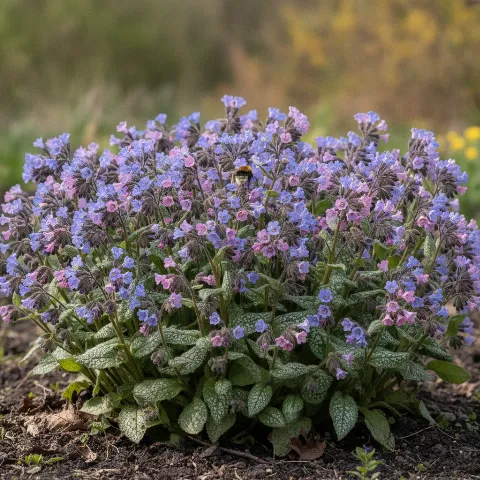 Longkruid — Pulmonaria officinalis / Pulmonaria spp. met hommel (illustratie)