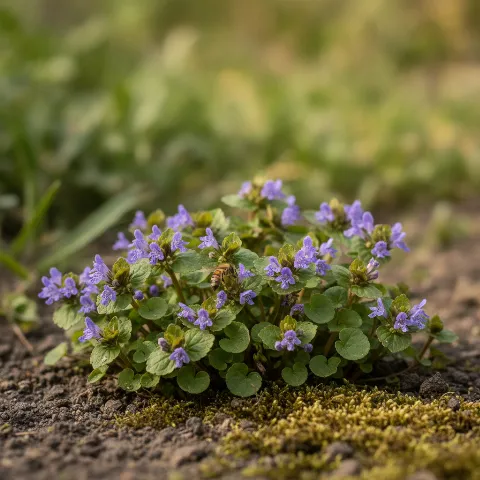 Hondsdraf — Glechoma hederacea met solitaire bij (illustratie)