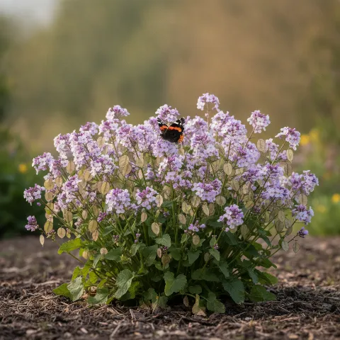 Judaspenning — Lunaria annua met dagvlinder (illustratie)