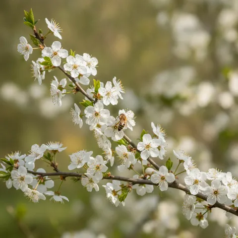 Sleedoorn — Prunus spinosa met solitaire bij (illustratie)