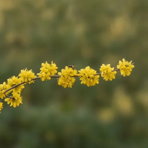 Gele kornoelje — Cornus mas met zweefvlieg (illustratie)