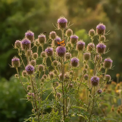 Grote kaardenbol — Dipsacus fullonum met dagvlinder (illustratie)