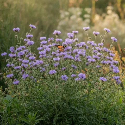 Beemdkroon — Knautia arvensis met dagvlinder (illustratie)