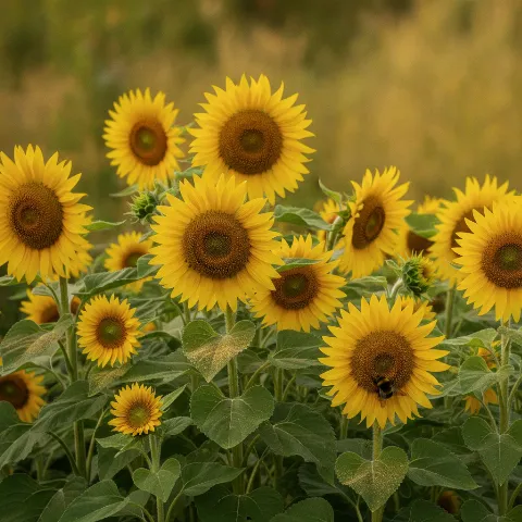 Enkelbloemige zonnebloem — Helianthus annuus met hommel (illustratie)