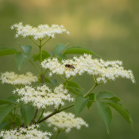 Vlier — Sambucus nigra met zweefvlieg (illustratie)
